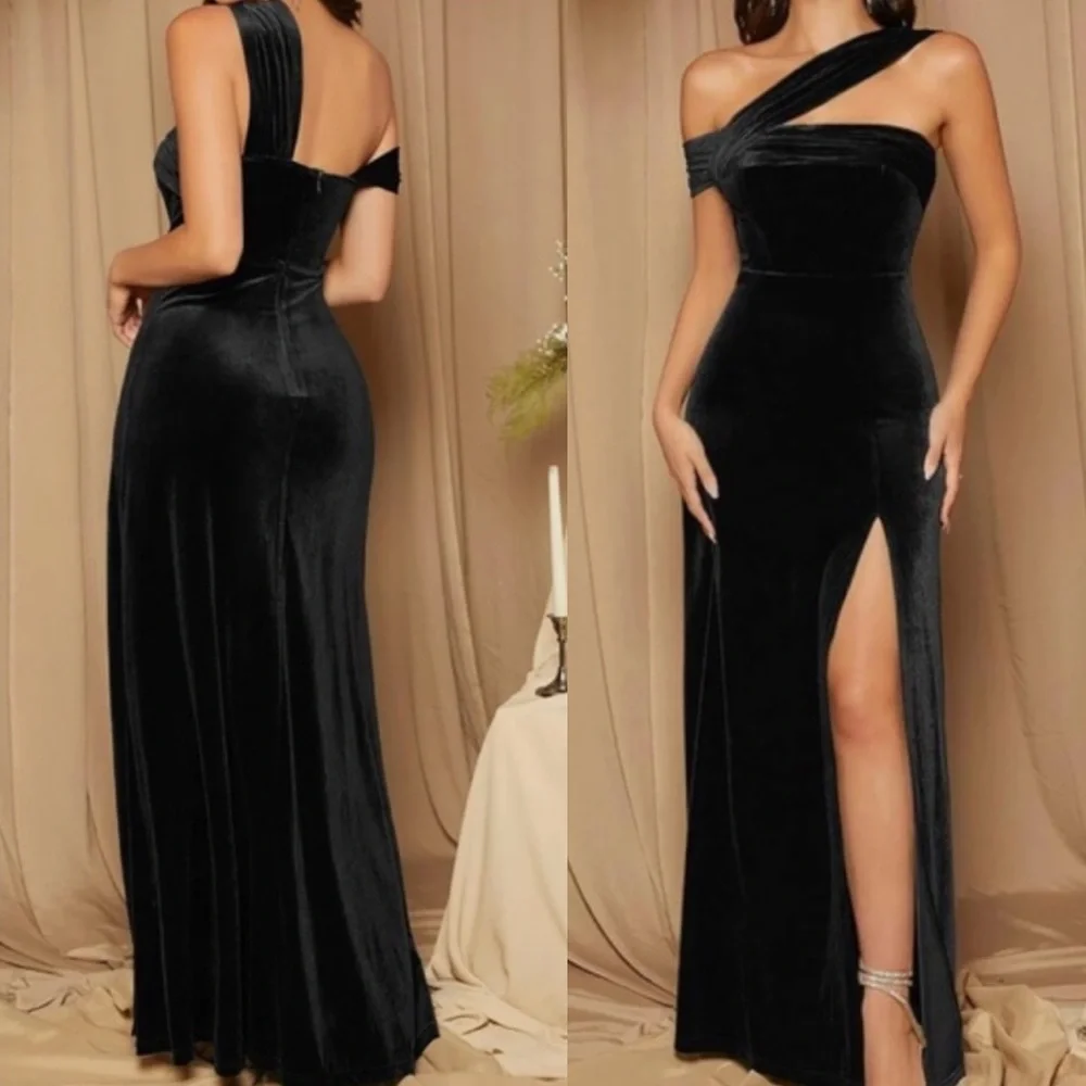 Luxe velvet one shoulder slit thigh party formal evening wedding  gown dress